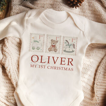 Personalised ‘My First Christmas’ Vintage Toy Stamp Sleepsuit, 3 of 5