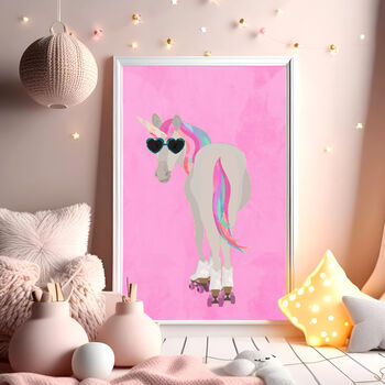 Custom Personalised Unicorn Rollerskating Art Print For Her, 3 of 8