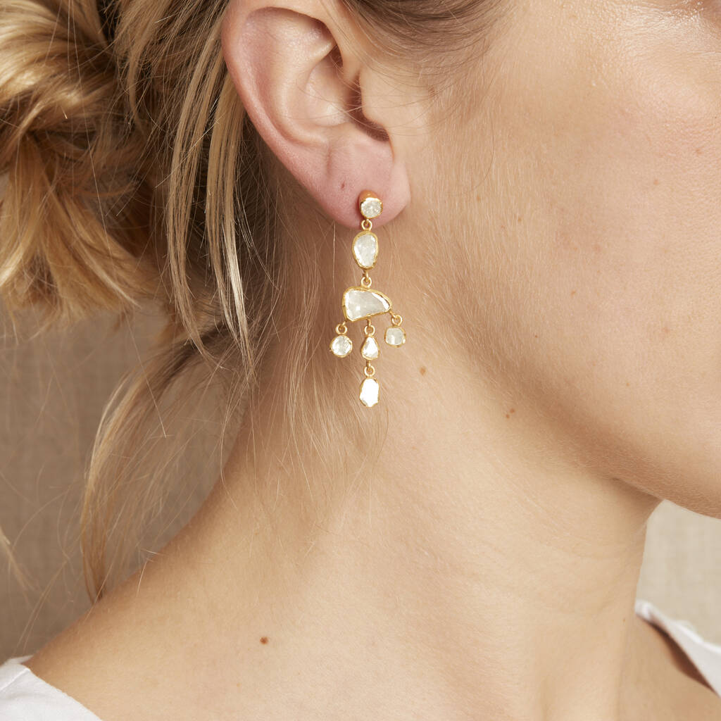 Diamond Polki Chandelier Gold Plated Silver Earrings By Rochejewels