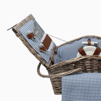 Deluxe Wicker Blue Gingham Lining Four Person Picnic Basket, 2 of 3