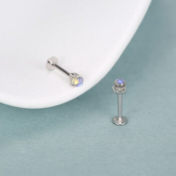 Sterling Silver Moonstone 16 G Flat Back Labret Earrings, 2 of 10