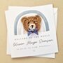Personalised Blue Rainbow Crochet Bear New Baby Card, thumbnail 1 of 8