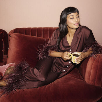 Luxury Chocolate Feather Silky Pyjama Set, 2 of 8