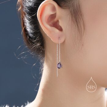 Sterling Silver Amethyst Purple Droplet Threader Earrings, 7 of 12