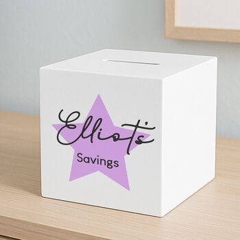 Personalised Pink Or Blue Star Wooden Money Box, 4 of 6
