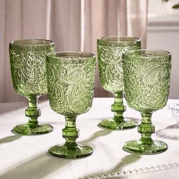 Set Of Four Green Paisley Wine Goblets, 3 of 7