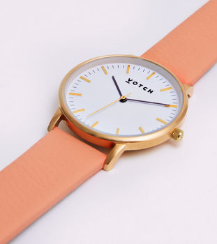Coral And Gold Vegan Leather Watch, 2 of 3