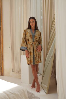 Gold Unisex Batik Silk Blend Kimono Robe Jacket, 9 of 11