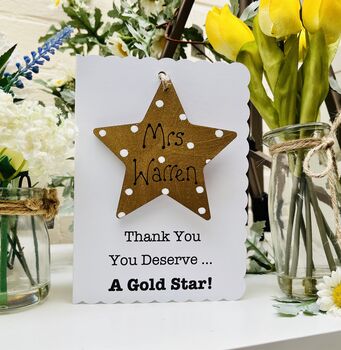 Personalised Teacher Thank You Wooden Gold Star Card, 3 of 4