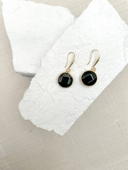 Agate Round Black Earrings Real 18k Gold Plated, 2 of 3