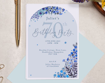 Personalised A6 Blue Garden Flowers Birthday Invitation, 3 of 3