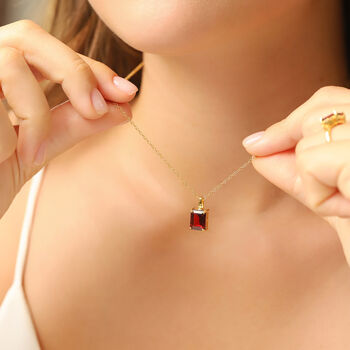 Garnet Emerald Cut Pendant Necklace In Sterling Silver And Gold, 4 of 7