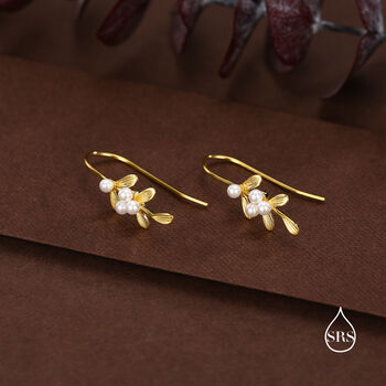 Sterling Silver Pearl Mistletoe Drop Hook Earrings, 6 of 11