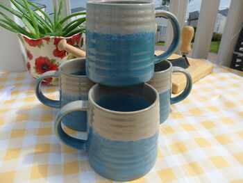 Set Of Four Reactive Glaze Brûlée Mugs In Light Blue And Grey Mist, 7 of 10