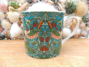 Set Of Six Palace Mugs In William Morris Teal Strawberry Thief Design, 6 of 12
