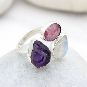 Ruby, Moonstone And Amethyst Adjustable Silver Ring, 4 of 7