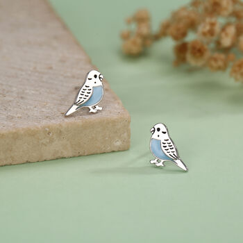 Sterling Silver Blue Enamel Budgie Stud Earrings, 2 of 11