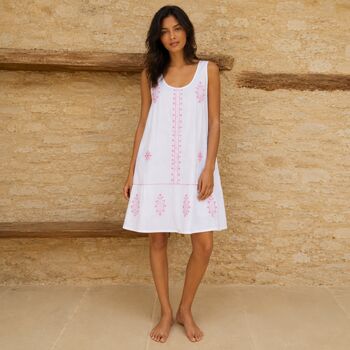 Pink Jenny Edwardian Nightdress, White Cotton Nightie With Pink Embroidery, Vintage Style Sleeveless Chemise, One Size UK 10 16, Gift, 2 of 8