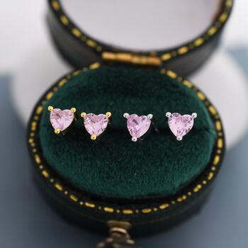 Sterling Silver Tiny Tourmaline Pink Cz Heart Stud Earrings, 7 of 12