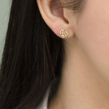 9ct Yellow Gold Flower Heart Stud Earrings, 2 of 3