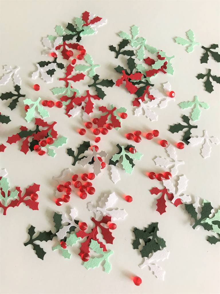 Christmas Table Confetti Red Berries Green Holly Leaves Xmas Party Decorations 