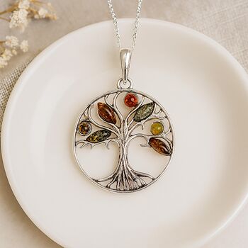 Personalised Oxidised Sterling Silver Baltic Amber Tree Of Life Necklace, 3 of 11
