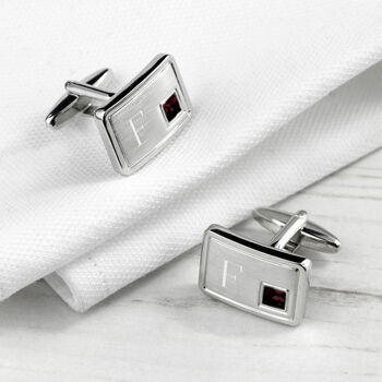 Engraved Rhodium Plated Birthstone Crystal Cufflink Set, 9 of 12