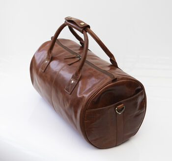 Personalised Barrel Style Brown Leather Holdall Unisex, 4 of 12