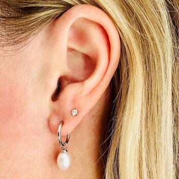 Pearl Accent Sterling Silver Hoop Earrings, 2 of 5