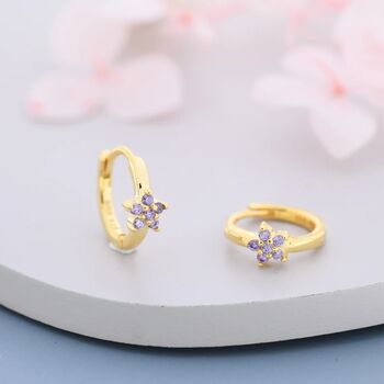 Amethyst Purple Cz Flower Huggie Hoop Earrings, 4 of 9