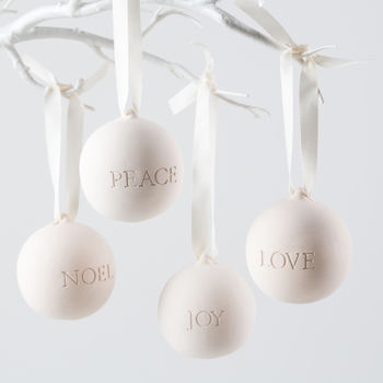 Engraved Love, Peace, Noel And Joy Ceramic Baubles, 2 of 3