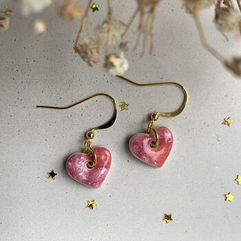 Small Speckled Pink Dainty Ceramic Heart Earrings, 6 of 7