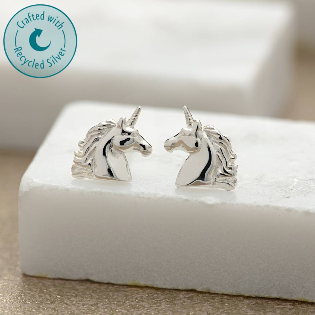 Sterling Silver Unicorn Stud Earrings, 1 of 8