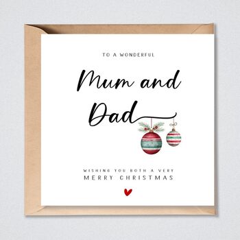 Mum Dad Christmas Card With Red Green Xmas Baubles, 2 of 3