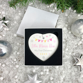 My First Christmas Baby Girl Garland Ceramic Heart Hanging Decoration Bauble + Gift Box, 2 of 7
