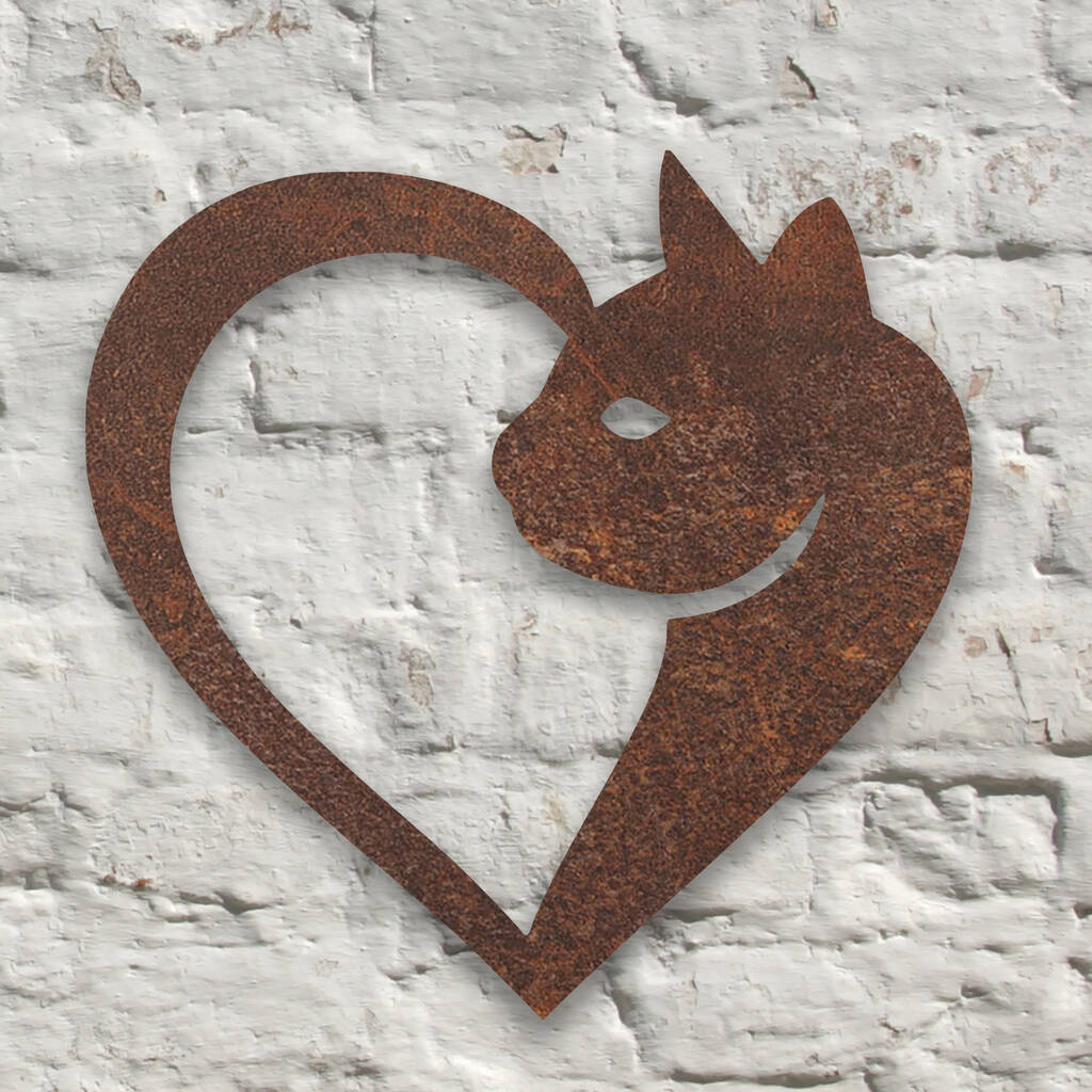 Metal Cat In Heart Wall Art Sculpture