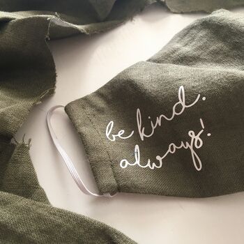 'Be Kind' Hand Printed Silk Lined Linen Face Mask, 2 of 12