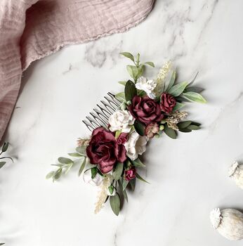 Burgundy And White Floral Hair Comb, 3 of 4