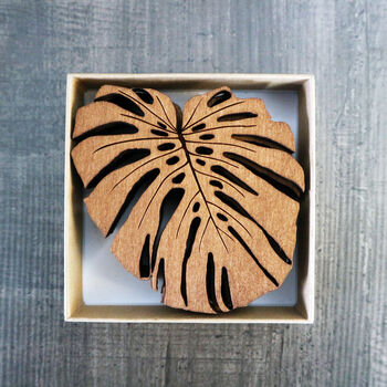 Wooden Drinks Coasters With Monstera Leaf Design, 2 of 6