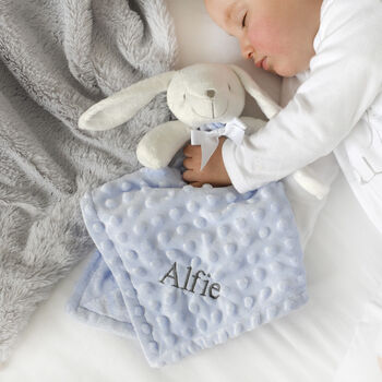 Personalised Blue Bobble Bunny Baby Comforter, 6 of 8