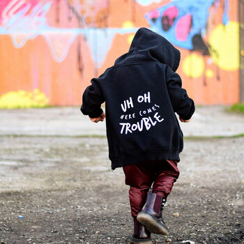 Uh Oh Here Comes Trouble Unisex Kids Zipped Hoodie, 2 of 10