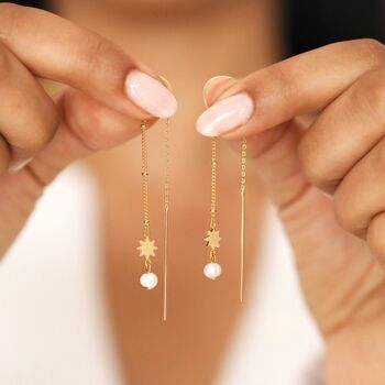 Thread Through Star And Pearl Chain Earrings In Gold, 5 of 7