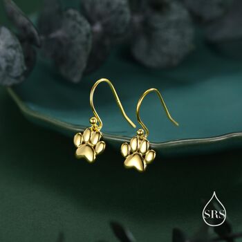 Sterling Silver Paw Print Drop Hook Earrings, 4 of 11