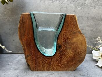 18cm Molten Glass Wedge Vase On Teak Root Flower Holder, 8 of 12