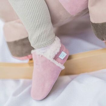 Dotty Fish Pale Pink Soft Suede Baby And Toddler Slippers With Fleece Lining, 2 of 9
