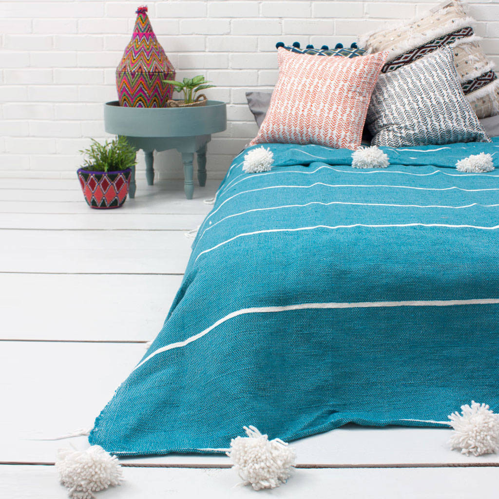 Moroccan Handwoven Tassel Stripe Pom Pom Blanket By Bohemia