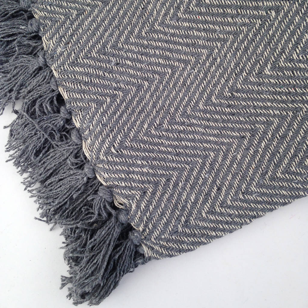 fringed grey chevron woven throw by posh totty designs interiors