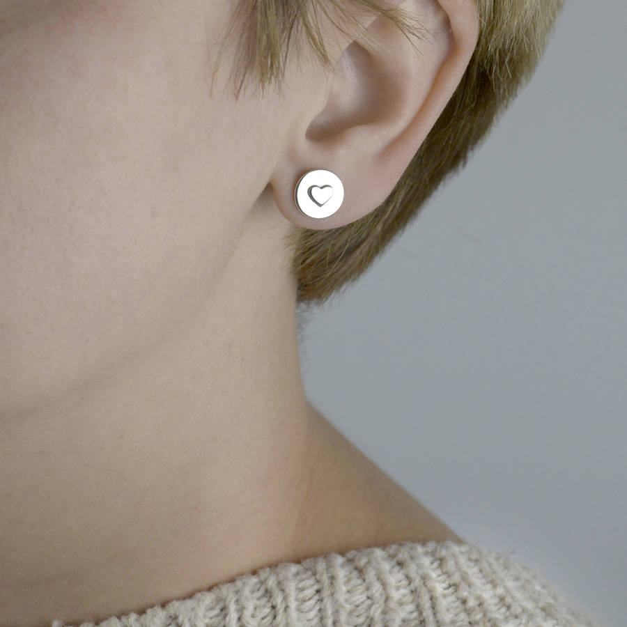 Heart Stud Earrings On Sterling Silver Disc By Tales From The Earth Heart Stud Earrings On Sterling Silver Disc