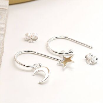 Sterling Silver Mismatched Moon And Star Hoop Earrings, 3 of 8
