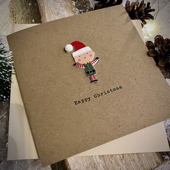 Personalised Wooden Elf Pom Pom Happy Christmas Card, 2 of 2